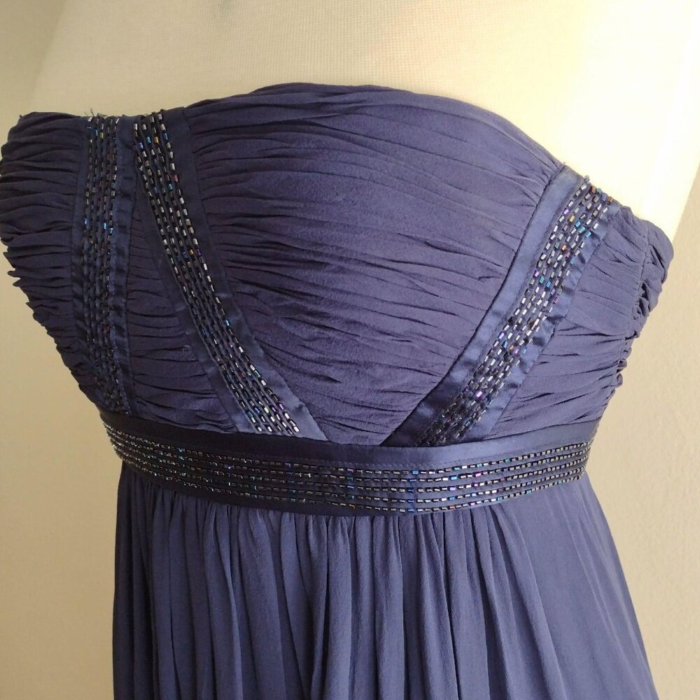 BCBG Max Azaria 100% Silk Beaded Gown 8 Strapless Prom Dress Navy Blue Grecian - Picture 4 of 11